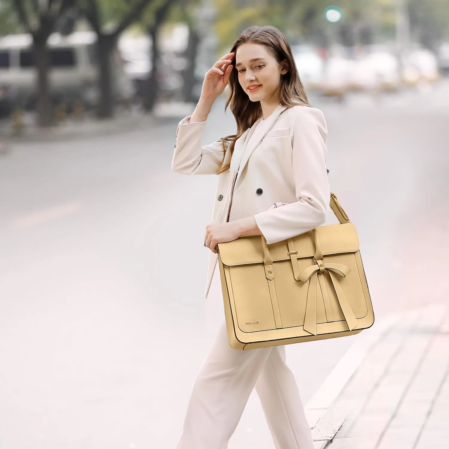 MOSISO Laptop Bag for Women, 15-15.6 inch PU Leather Laptop Shoulder Bag Convertible Backpack, 16 inch Messenger Bag Casual Handbag Work Briefcase Travel Computer Bag with Bowknot, Turmeric