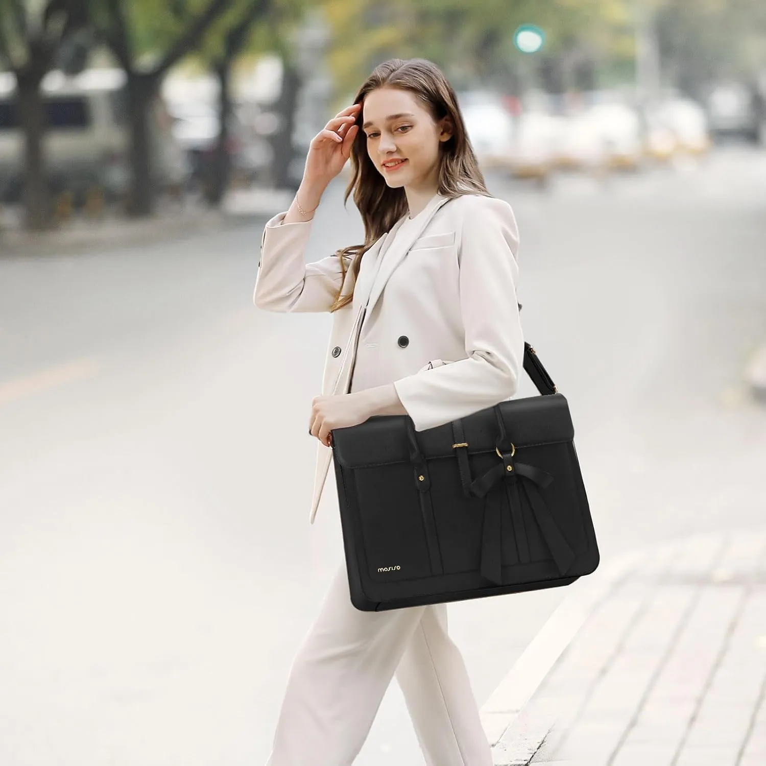 MOSISO Laptop Bag for Women, 17 inch PU Leather Laptop Shoulder Bag Convertible Backpack, 17.3 inch Messenger Bag Casual Handbag Work Briefcase Travel Computer Bag with Bowknot, Black