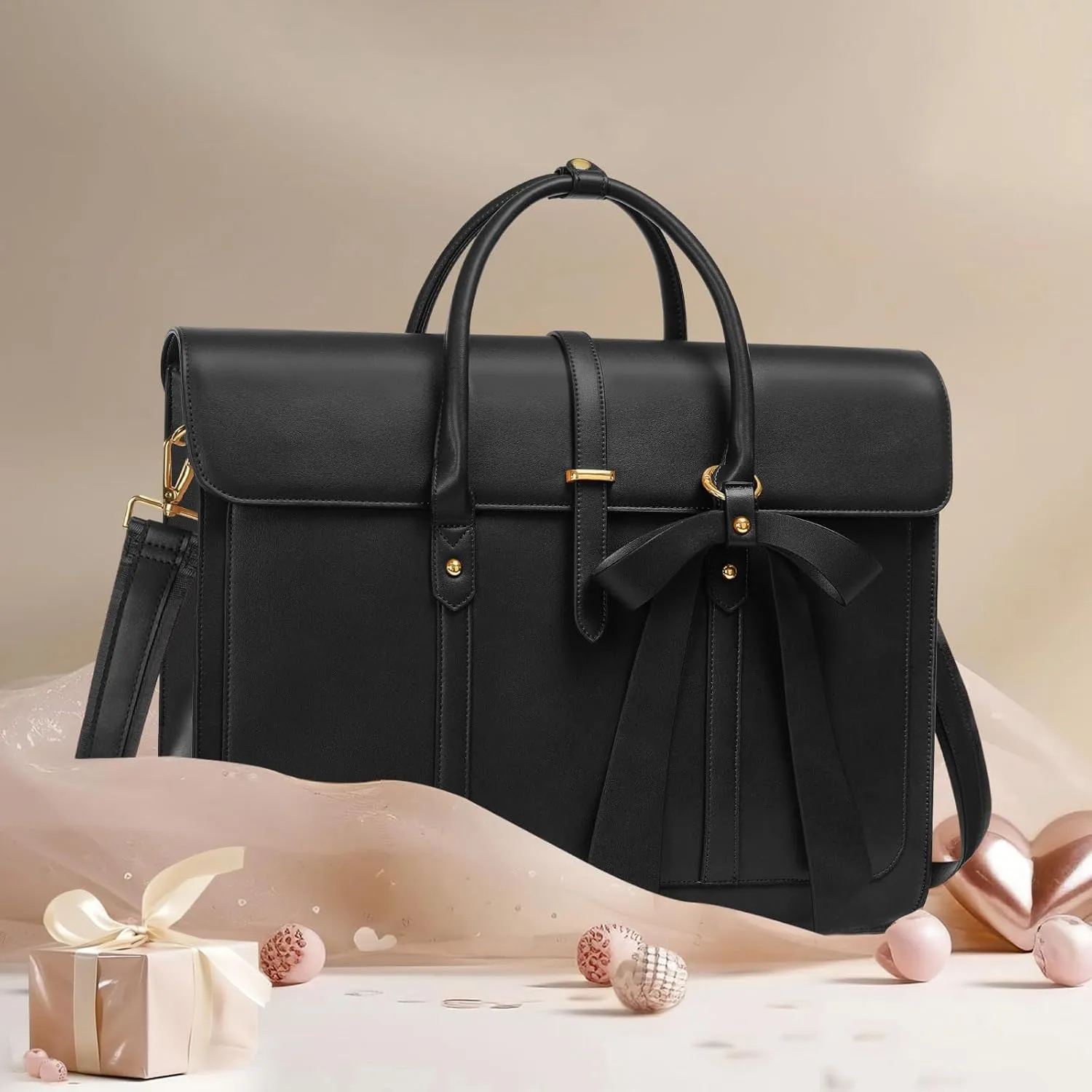 MOSISO Laptop Bag for Women, 17 inch PU Leather Laptop Shoulder Bag Convertible Backpack, 17.3 inch Messenger Bag Casual Handbag Work Briefcase Travel Computer Bag with Bowknot, Black