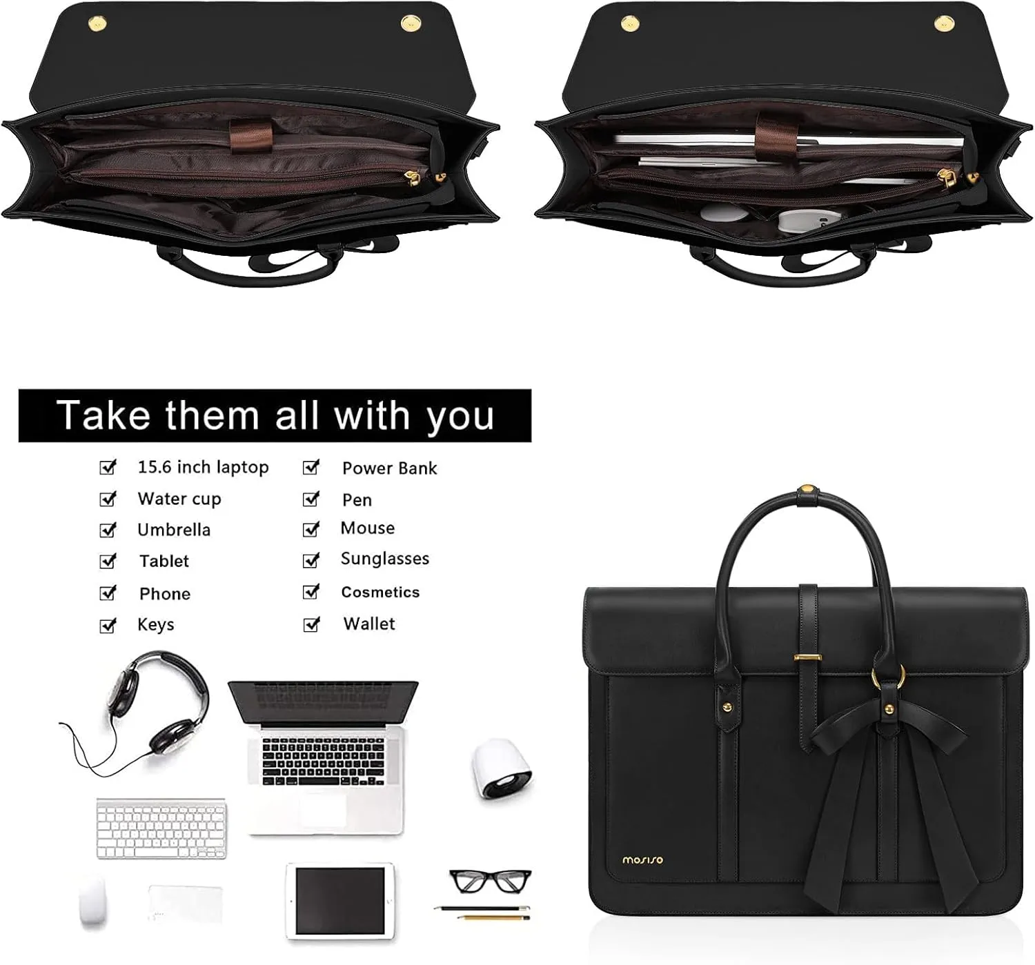 MOSISO Laptop Bag for Women, 17 inch PU Leather Laptop Shoulder Bag Convertible Backpack, 17.3 inch Messenger Bag Casual Handbag Work Briefcase Travel Computer Bag with Bowknot, Black