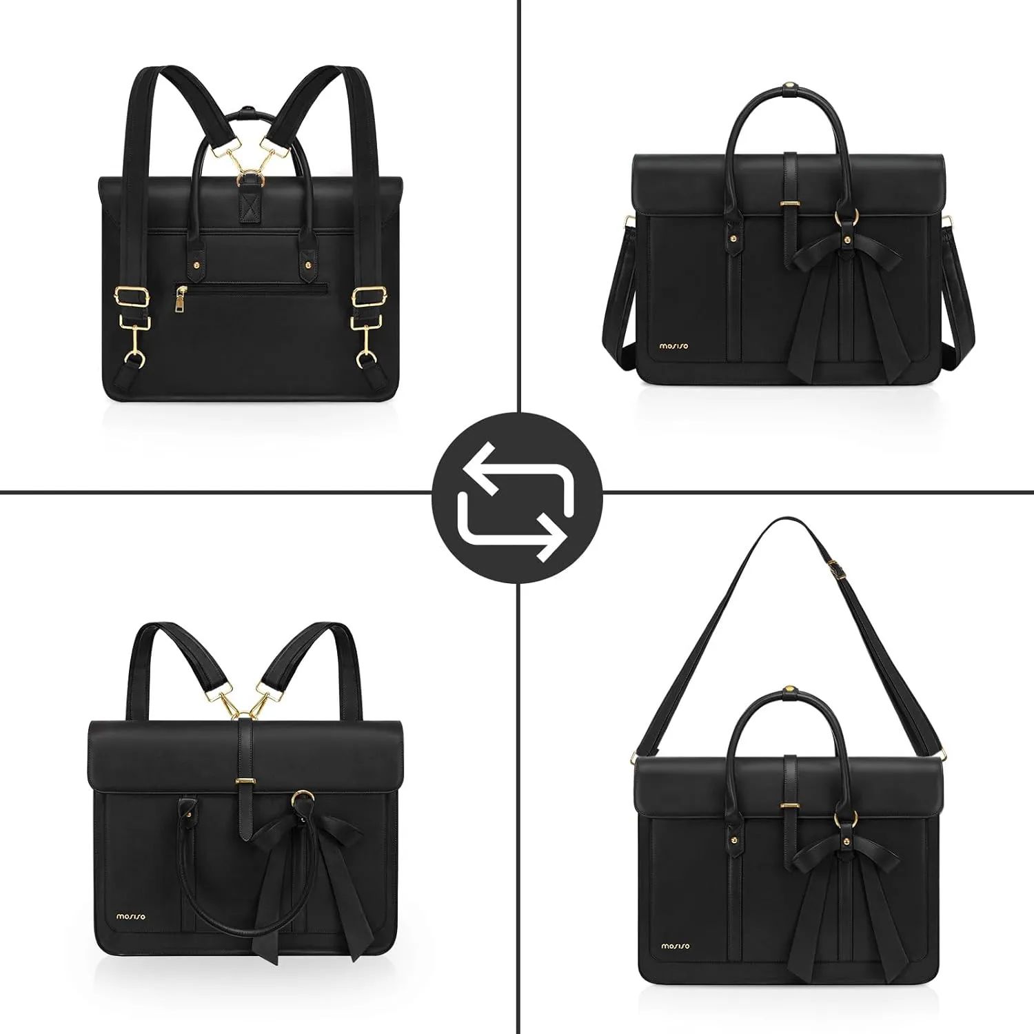 MOSISO Laptop Bag for Women, 17 inch PU Leather Laptop Shoulder Bag Convertible Backpack, 17.3 inch Messenger Bag Casual Handbag Work Briefcase Travel Computer Bag with Bowknot, Black