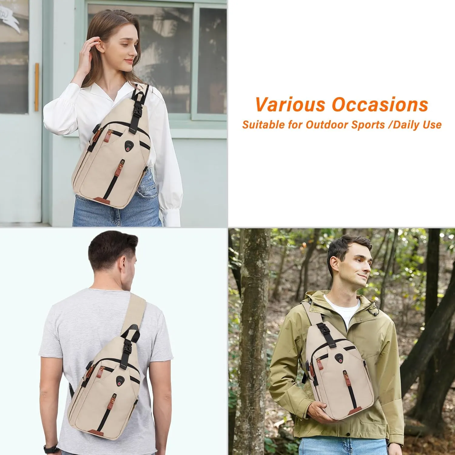MOSISO Sling Backpack Travel Hiking Daypack, Vintage Canvas Crossbody Sling Chest Bag with USB Charging Port&Removable Strap