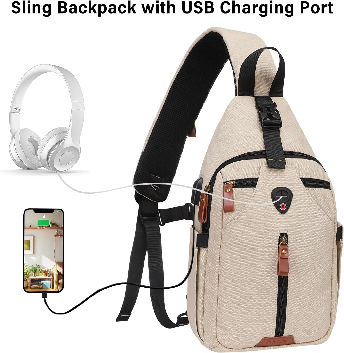 MOSISO Sling Backpack Travel Hiking Daypack, Vintage Canvas Crossbody Sling Chest Bag with USB Charging Port&Removable Strap