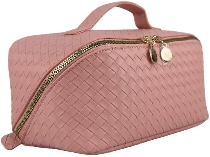 Mothers day gifts Large Capacity Travel Makeup Bag, PU Leather Makeup Bag Organizer, Toiletry Bag for Women with divider, Cosmetic Bags for Women Leather Waterproof Cosmetic Bag,(Pink)