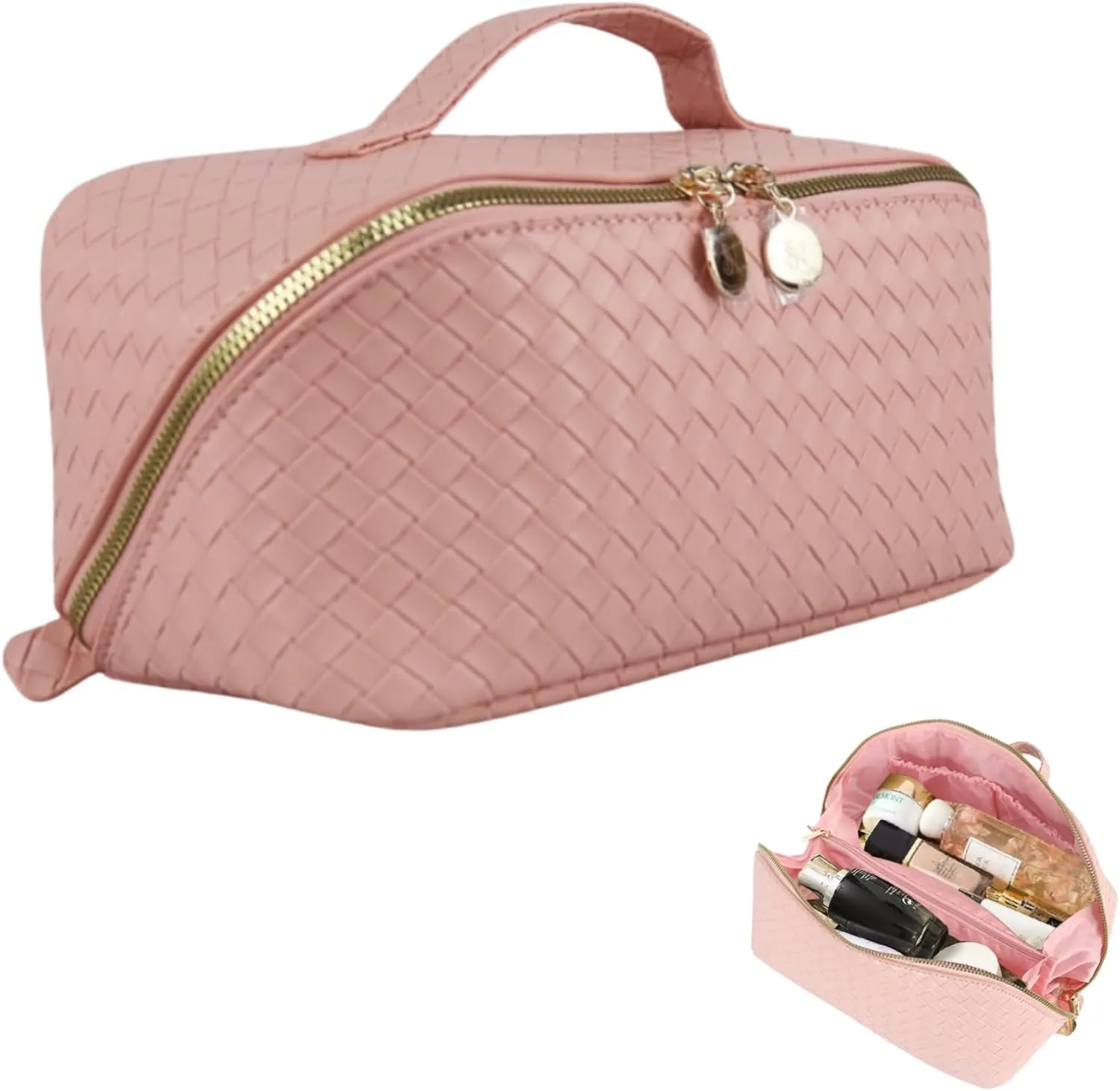 Mothers day gifts Large Capacity Travel Makeup Bag, PU Leather Makeup Bag Organizer, Toiletry Bag for Women with divider, Cosmetic Bags for Women Leather Waterproof Cosmetic Bag,(Pink)