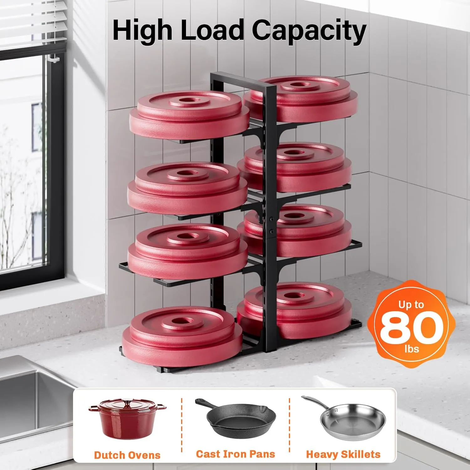 MUDEELA Pots and Pans Organizer under Cabinet, 21" Height Heavy Duty Adjustable Pot Pan Organizers inside Cabinet, 8-Tier Kitchen Cabinet Organizers and Storage for Big Stockpots, Heavy Cookware