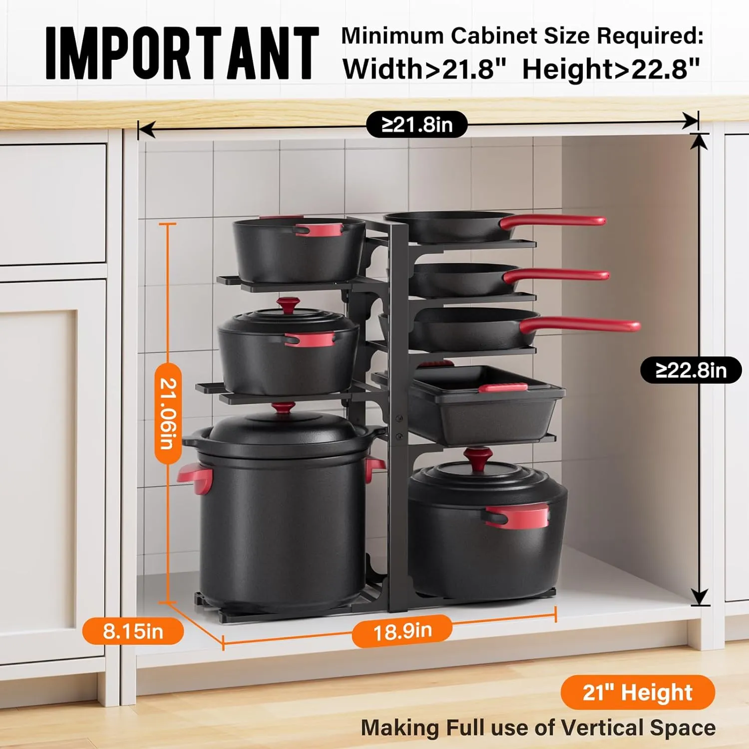 MUDEELA Pots and Pans Organizer under Cabinet, 21" Height Heavy Duty Adjustable Pot Pan Organizers inside Cabinet, 8-Tier Kitchen Cabinet Organizers and Storage for Big Stockpots, Heavy Cookware