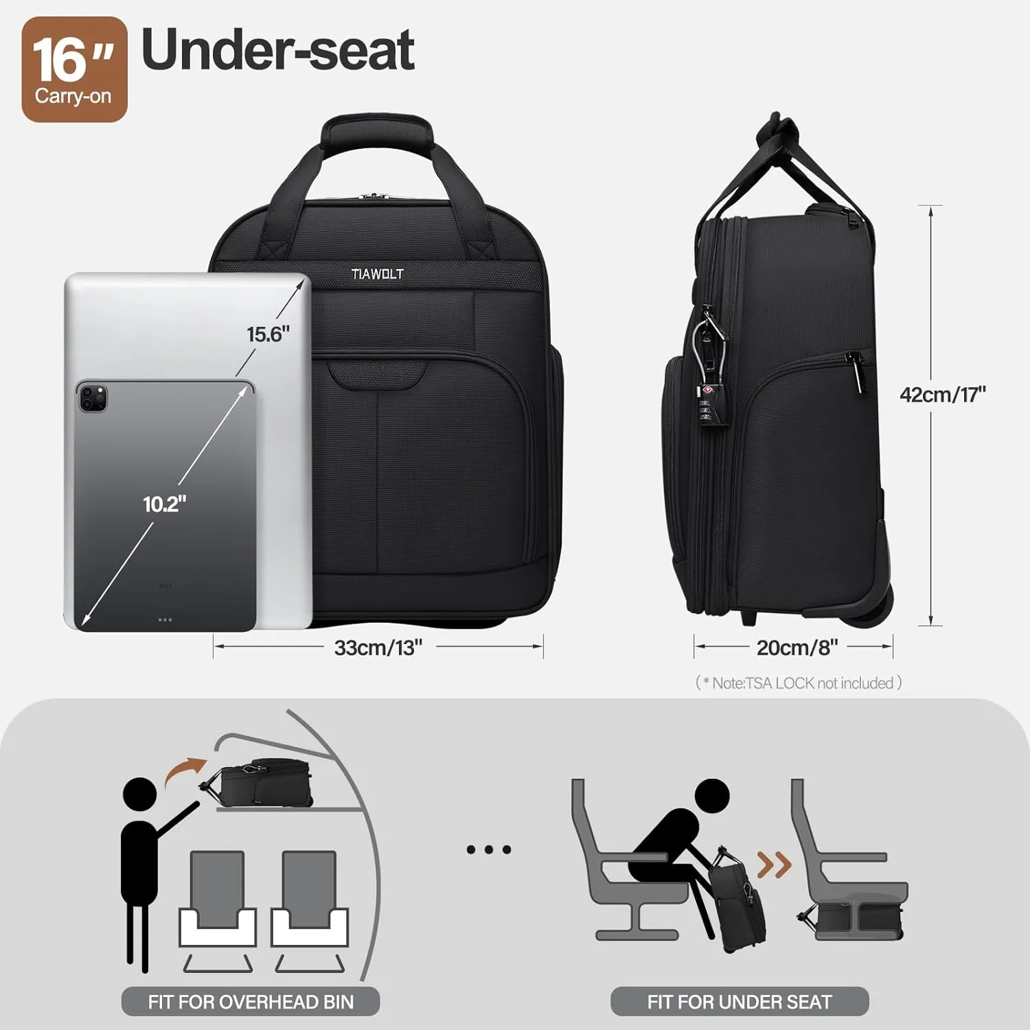 Multi-functional 16-Inch Underseat Carry on Luggage With Wheels Softside Lightweight Compact Travel Business Suitcase bag for Pilots and Crew,Black