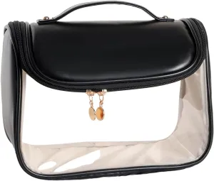 Multipurpose Clear Cosmetic Bag Clear Makeup Bag Large Black PU Leather Toiletry Bag With Zipper Waterproof Transparent Travel Makeup Bag For Women