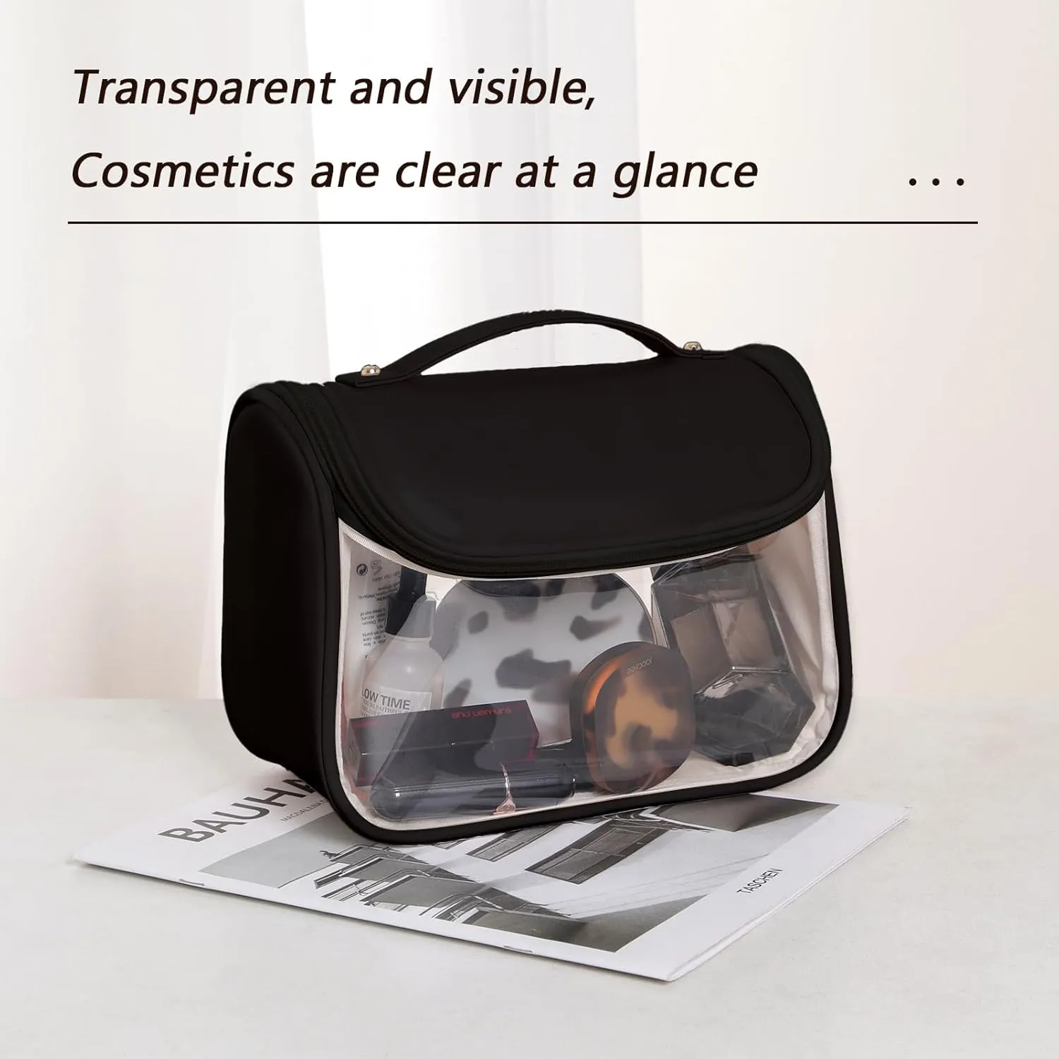 Multipurpose Clear Cosmetic Bag Clear Makeup Bag Large Black PU Leather Toiletry Bag With Zipper Waterproof Transparent Travel Makeup Bag For Women