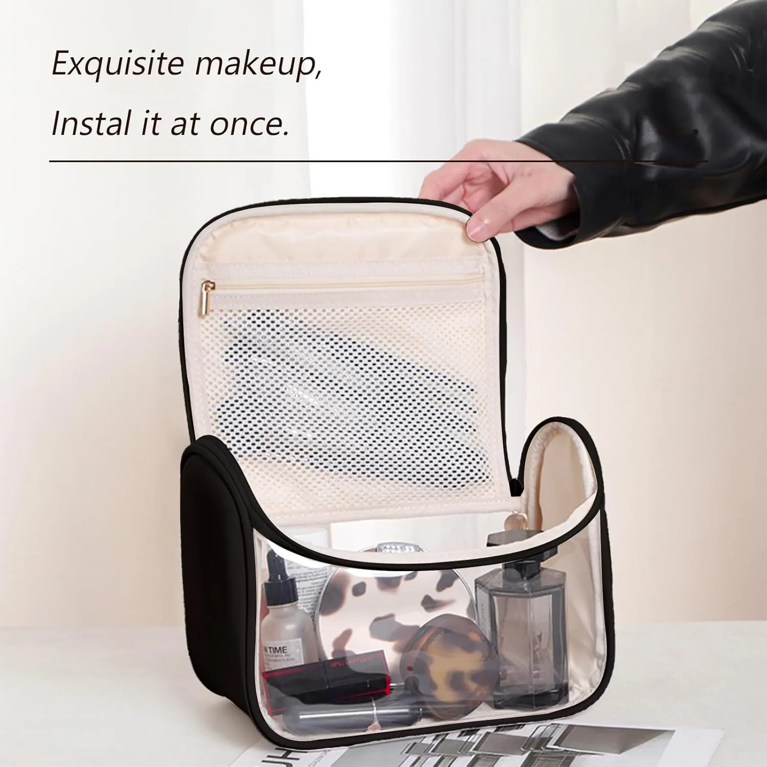 Multipurpose Clear Cosmetic Bag Clear Makeup Bag Large Black PU Leather Toiletry Bag With Zipper Waterproof Transparent Travel Makeup Bag For Women