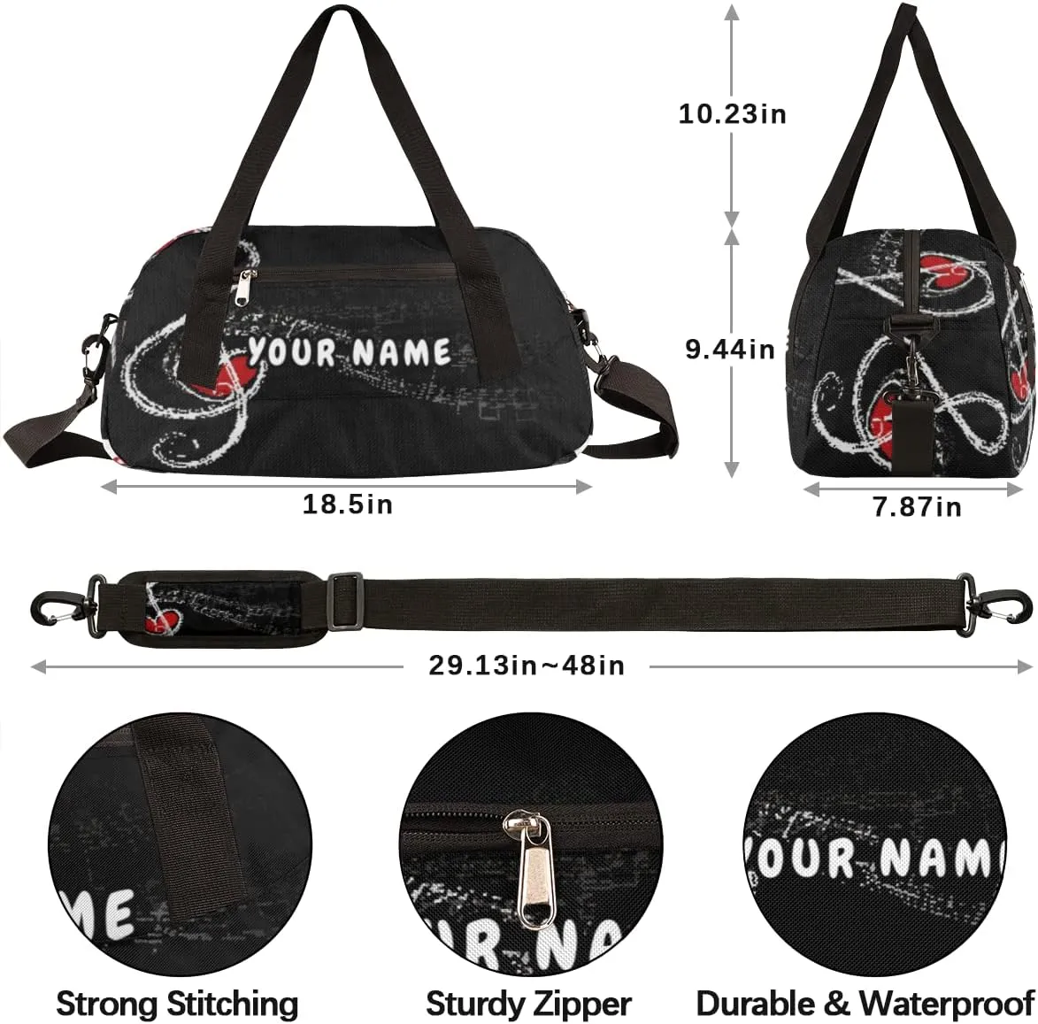 Music Notes Personalized Kids Duffel Bag for Girls Boys, Music Notes Debris Custom Name Dance Bag Overnight Small Duffel Bag Carry On Weekend Sports Travel Bag for School Practice Gymnastics Ballet