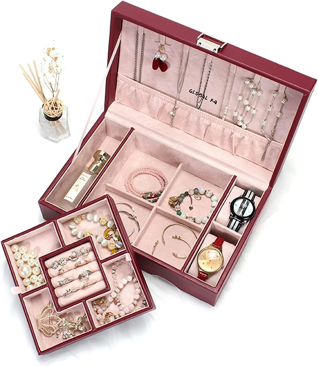 MUSUMI Jewelry Box PU Leather Jewelry Box Organizer with 2 Watch Case Removable Tray Jewelry Display Storage Case - Velvet Lining Earring Ring Bracelet Case Jewelry Boxes and Organizers (A)