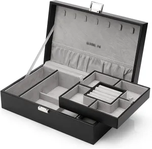 MUSUMI Jewelry Box PU Leather Jewelry Box Organizer with 2 Watch Case Removable Tray Jewelry Display Storage Case - Velvet Lining Earring Ring Bracelet Case Jewelry Boxes and Organizers (B)