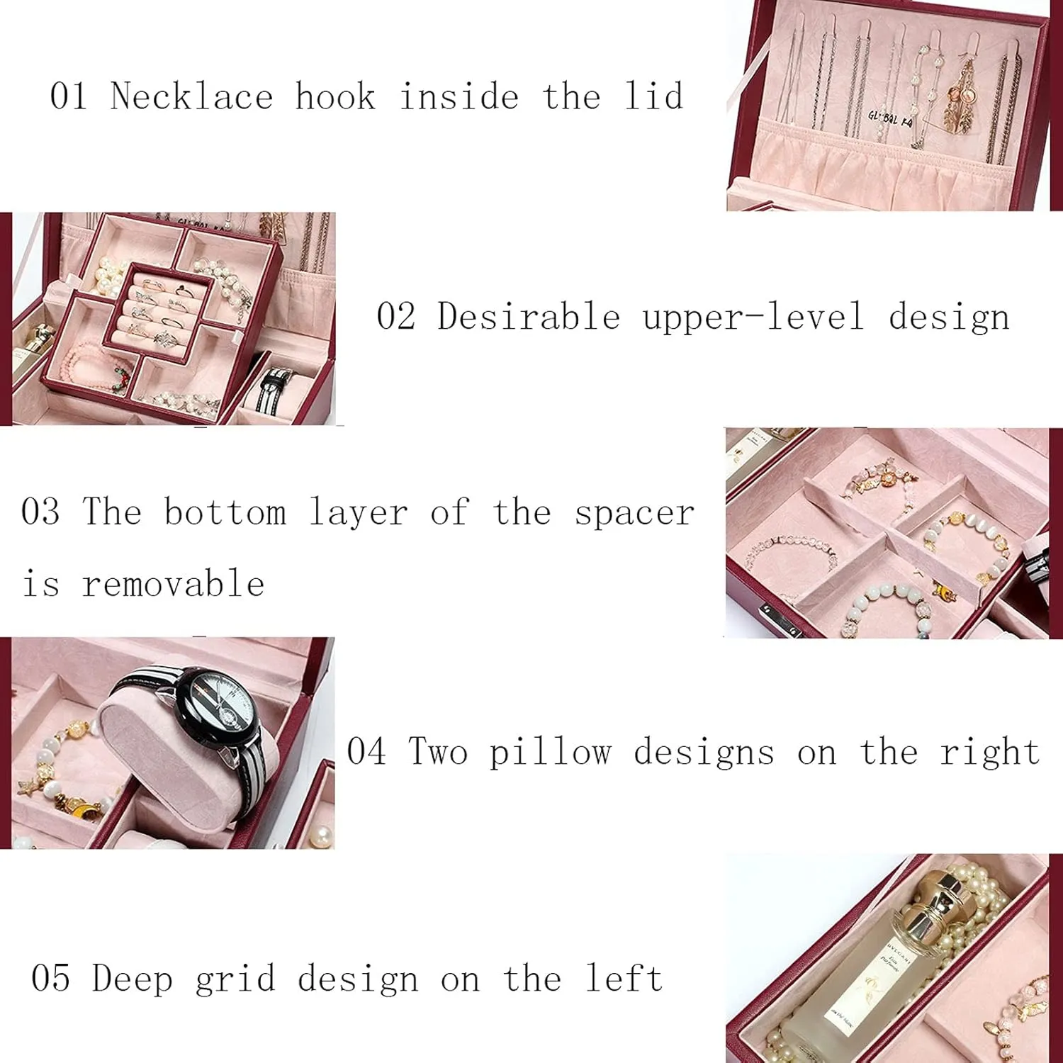 MUSUMI Jewelry Box PU Leather Jewelry Box Organizer with 2 Watch Case Removable Tray Jewelry Display Storage Case - Velvet Lining Earring Ring Bracelet Case Jewelry Boxes and Organizers (B)