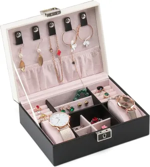 MUSUMI Jewelry Box PU Leather Jewelry Box Organizer with 2 Watch Case Removable Tray Jewelry Display Storage Case - Velvet Lining - Earring Ring Bracelet Case Jewelry Boxes and Organizers (Black)