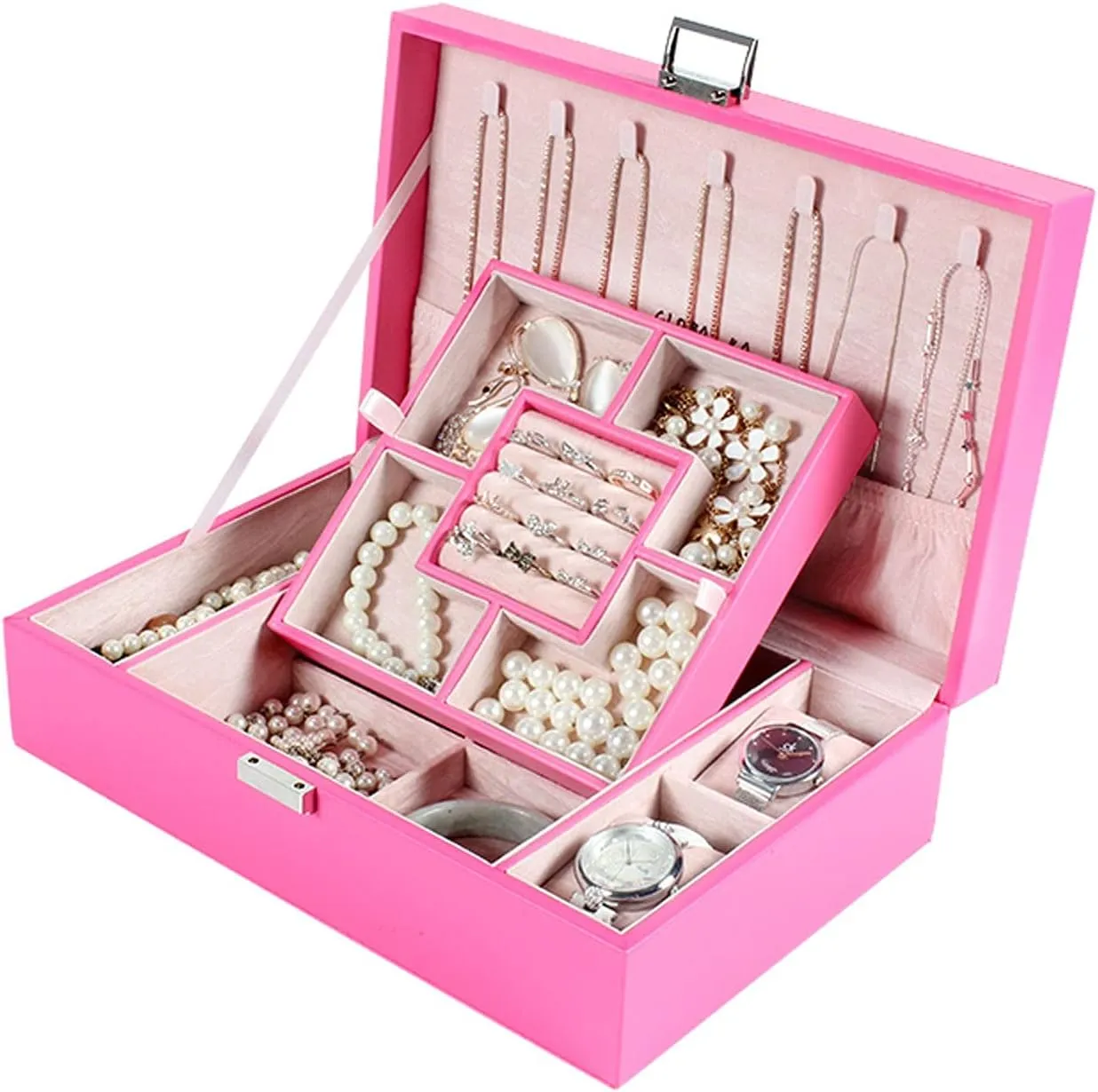 MUSUMI Jewelry Box PU Leather Jewelry Box Organizer with 2 Watch Case Removable Tray Jewelry Display Storage Case - Velvet Lining Earring Ring Bracelet Case Jewelry Boxes and Organizers (E)