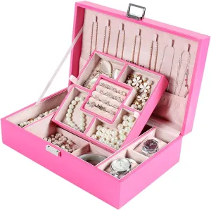 MUSUMI Jewelry Box PU Leather Jewelry Box Organizer with 2 Watch Case Removable Tray Jewelry Display Storage Case - Velvet Lining Earring Ring Bracelet Case Jewelry Boxes and Organizers (E)