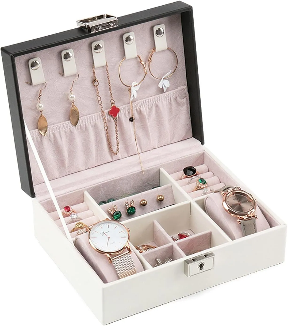 MUSUMI Jewelry Box PU Leather Jewelry Box Organizer with 2 Watch Case Removable Tray Jewelry Display Storage Case - Velvet Lining - Earring Ring Bracelet Case Jewelry Boxes and Organizers (White)