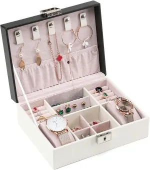 MUSUMI Jewelry Box PU Leather Jewelry Box Organizer with 2 Watch Case Removable Tray Jewelry Display Storage Case - Velvet Lining - Earring Ring Bracelet Case Jewelry Boxes and Organizers (White)