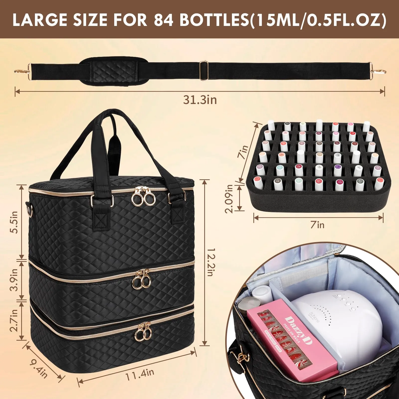 MZTXY Nail Polish Organizer Bag, 3 Layers Nail Kit Organizers and Storage Case Holds 84 Bottles(15ml/0.5fl.oz)& Nail Lamp, Large Shoulder Bag Travel Carrying Case Box for Nail Supplies
