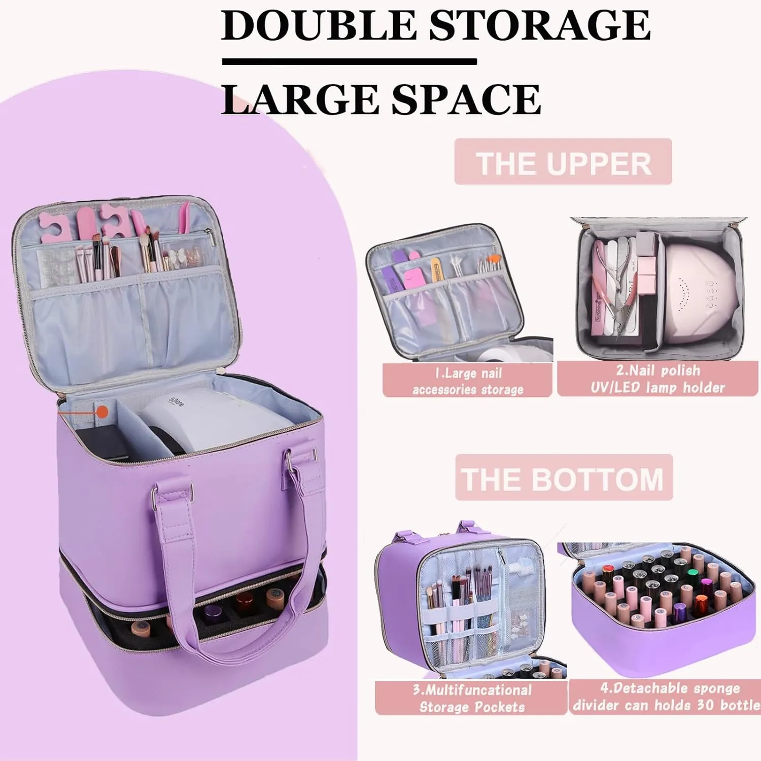 Nail polish Case, Nail Polish Organizer Bag and Nail Dryer Case Holds 30  Bottles (15ml/0.5 fl.oz) and a Nail Lamp, Travel 2 Layer Nail Polish Storage with Sturdy Handles(Purple)