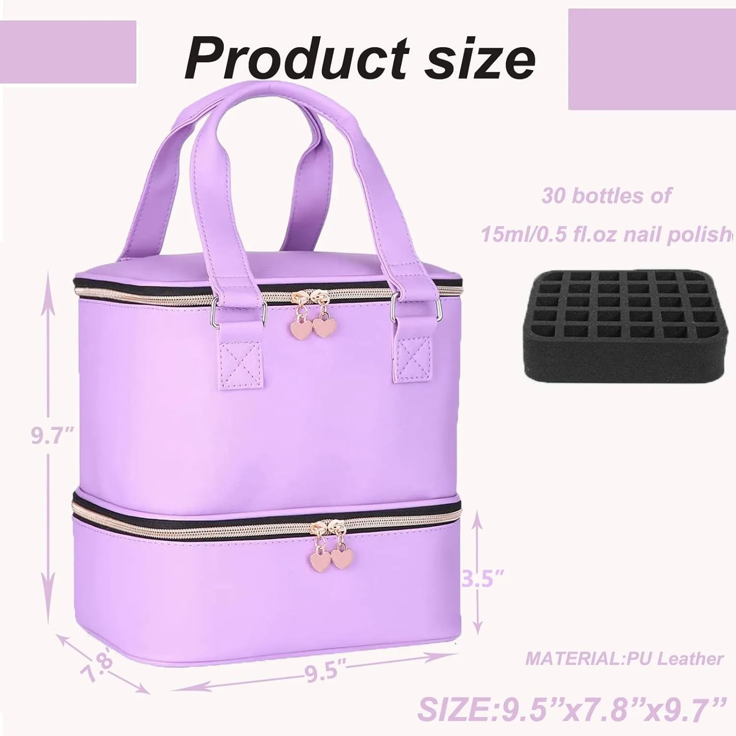 Nail polish Case, Nail Polish Organizer Bag and Nail Dryer Case Holds 30  Bottles (15ml/0.5 fl.oz) and a Nail Lamp, Travel 2 Layer Nail Polish Storage with Sturdy Handles(Purple)