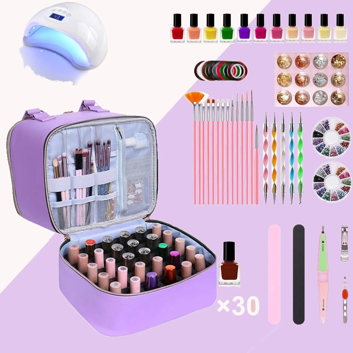Nail polish Case, Nail Polish Organizer Bag and Nail Dryer Case Holds 30  Bottles (15ml/0.5 fl.oz) and a Nail Lamp, Travel 2 Layer Nail Polish Storage with Sturdy Handles(Purple)