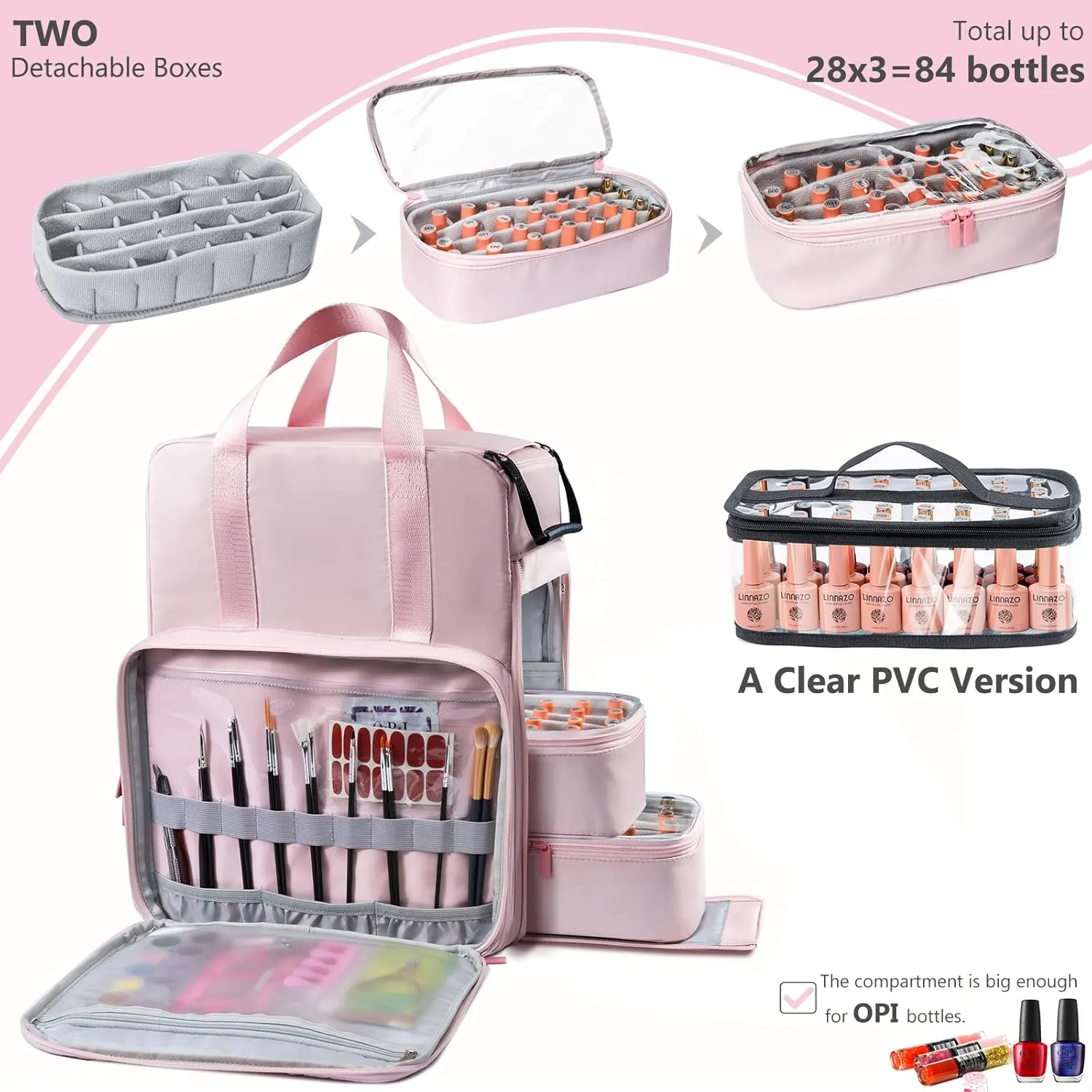 Nail Polish Organizer Backpack Holds 84-93 Bottles and a Nail Lamp, Nail Tech Storage Case Large Nail Polish Bag with 3 Removable Boxes and Tools Organizer Sections(Pink)