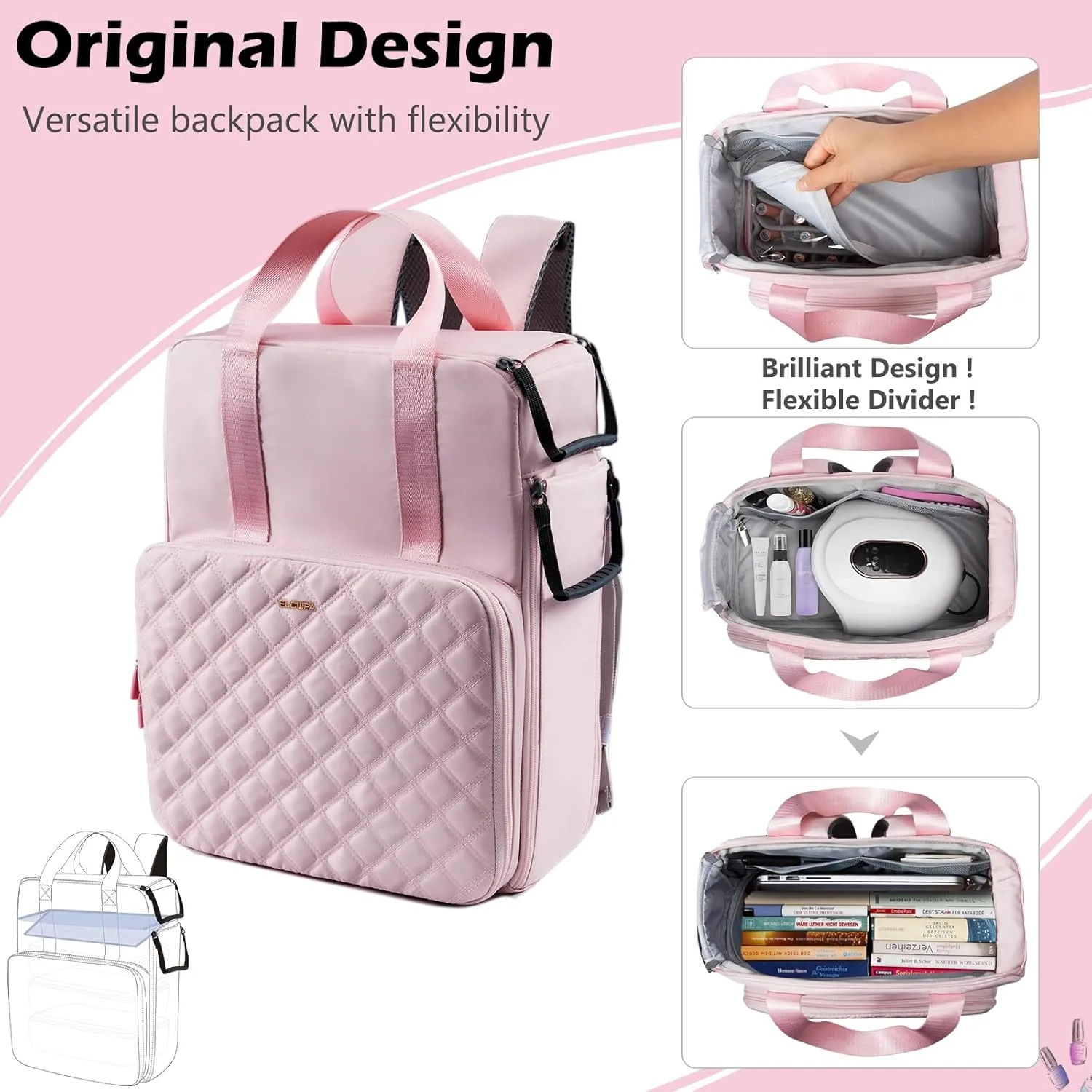 Nail Polish Organizer Backpack Holds 84-93 Bottles and a Nail Lamp, Nail Tech Storage Case Large Nail Polish Bag with 3 Removable Boxes and Tools Organizer Sections(Pink)