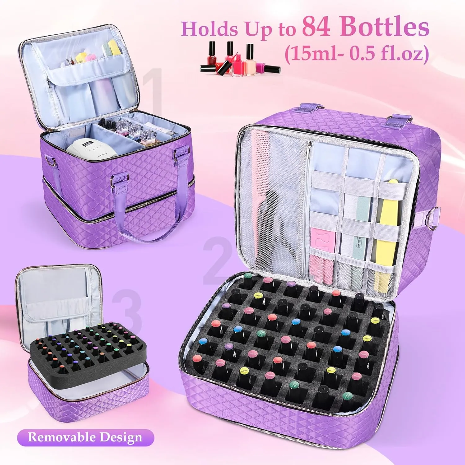 Nail Polish Organizer Case - Holds 84 Bottles Nail Polish & Nail Lamp Large Nail Polish Organizer Bag for Manicure Tools, Nail Polish Kit (Purple)