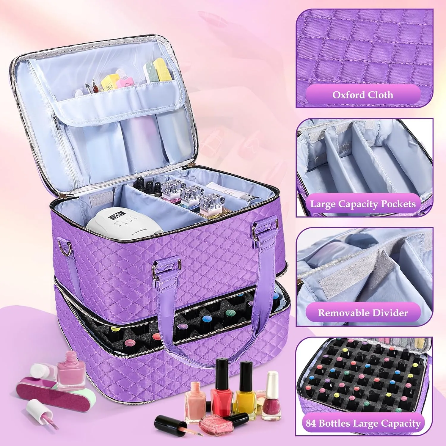 Nail Polish Organizer Case - Holds 84 Bottles Nail Polish & Nail Lamp Large Nail Polish Organizer Bag for Manicure Tools, Nail Polish Kit (Purple)