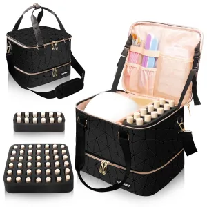 Nail Polish Organizer Hold 54 Bottles (15ml/0.5 fl.oz), PU Leather Nail Lamp Kit Supplies Organizer Bag Travel, Double Layer Nail Organizers and Storage Case with Holder& Shoulder Strap (Black)