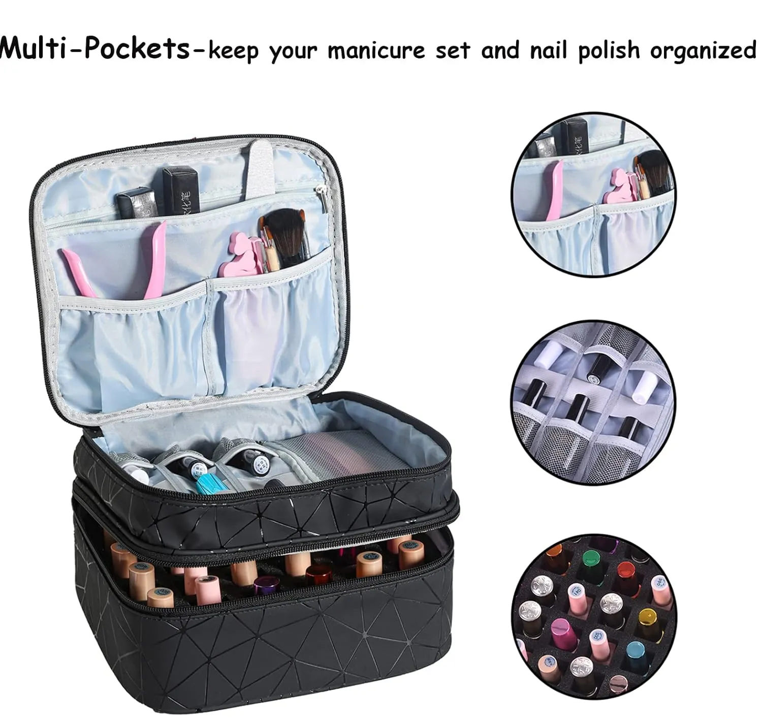 Nail Polish Organizer- Holds 30 Bottles Nail Supply Organizers and Storage Double-layer Nail Polish Carrying Case Nail varnish Organizer Nail Polish Storage Bag with Handle (Black-a)