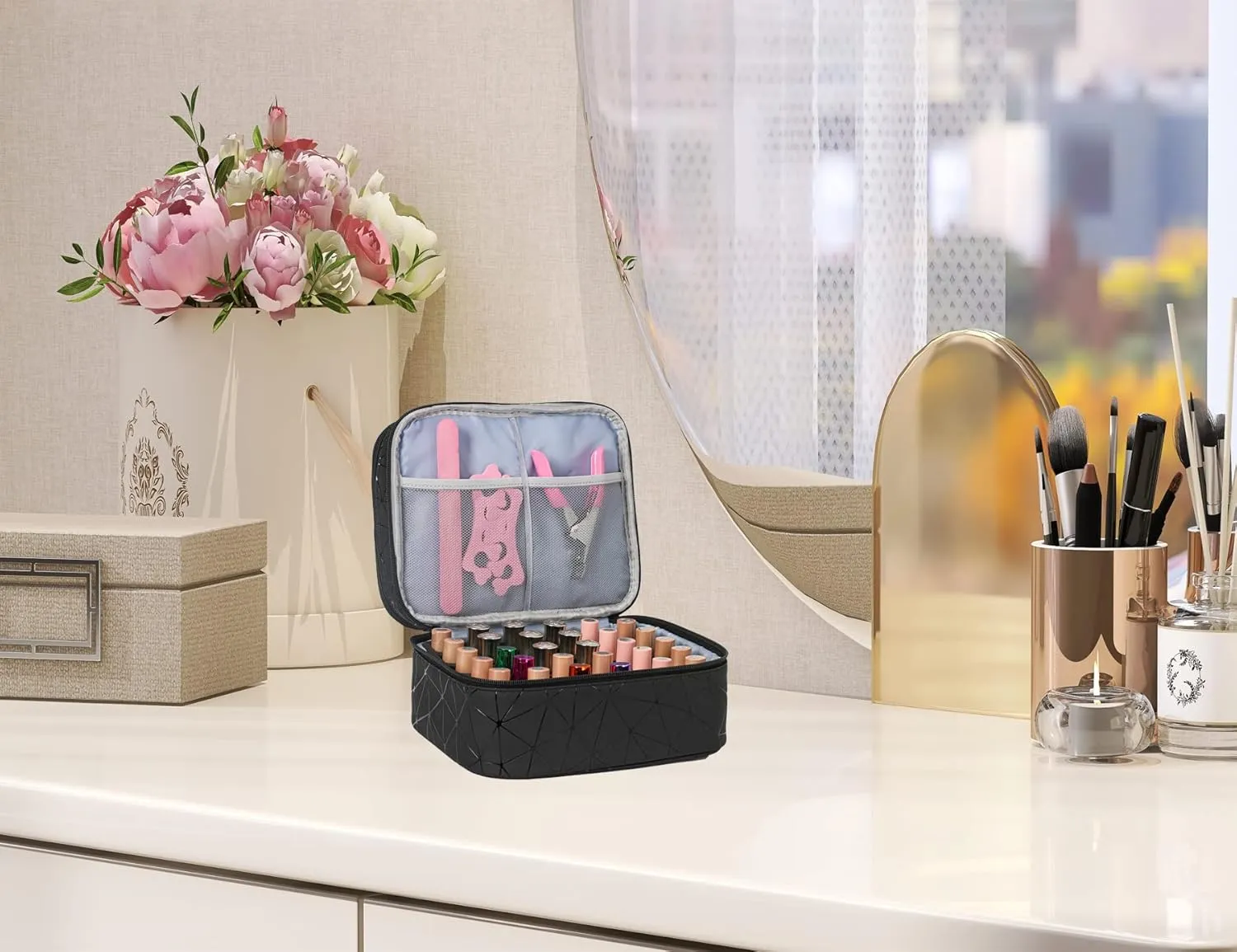 Nail Polish Organizer- Holds 30 Bottles Nail Supply Organizers and Storage Double-layer Nail Polish Carrying Case Nail varnish Organizer Nail Polish Storage Bag with Handle (Black-a)