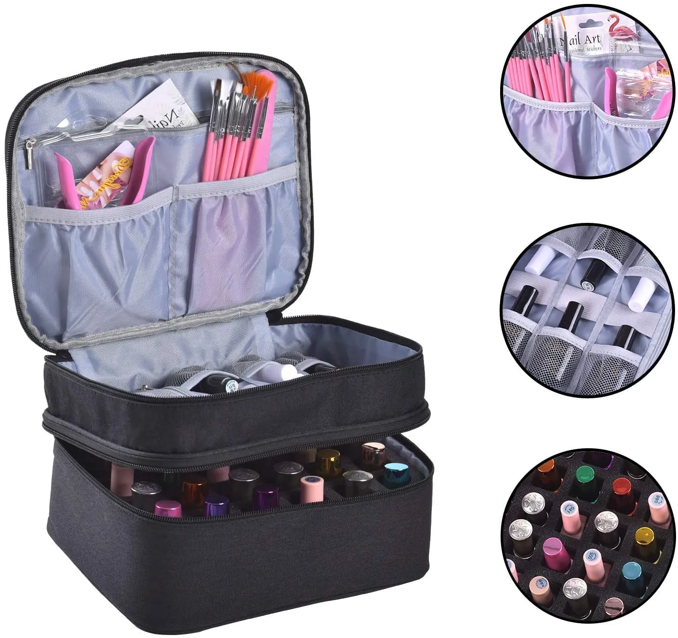 Nail Polish Organizer- Holds 30 Bottles Nail Supply Organizers and Storage Double-layer Nail Polish Carrying Case Nail varnish Organizer Nail Polish Storage Bag with Handle (Black)