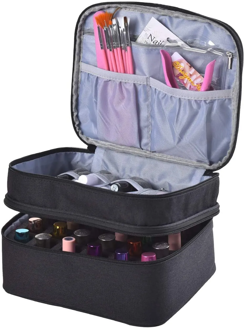Nail Polish Organizer- Holds 30 Bottles Nail Supply Organizers and Storage Double-layer Nail Polish Carrying Case Nail varnish Organizer Nail Polish Storage Bag with Handle (Black)