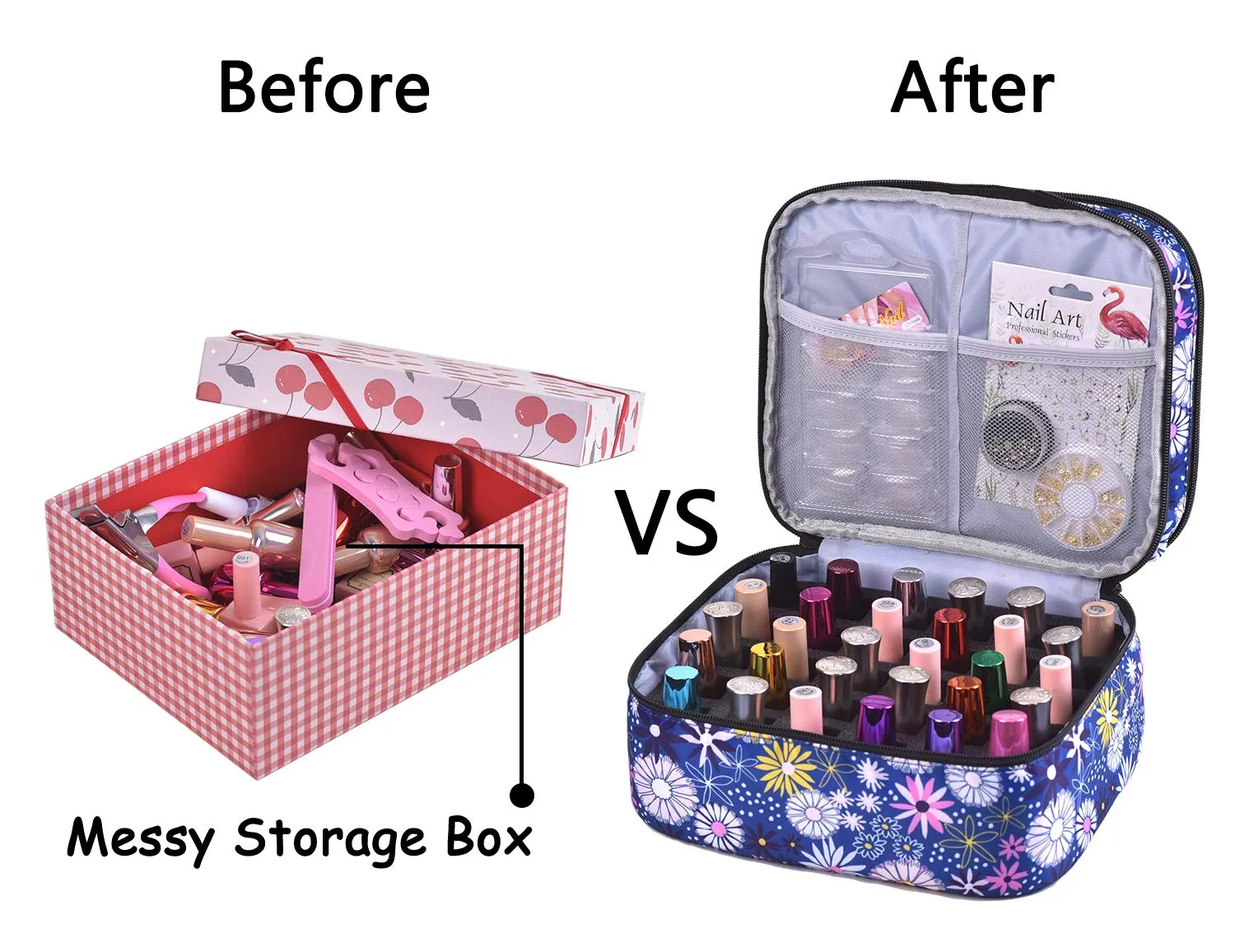 Nail Polish Organizer- Holds 30 Bottles Nail Supply Organizers and Storage Double-layer Nail Polish Carrying Case Nail varnish Organizer Nail Polish Storage Bag with Handle (Flower)