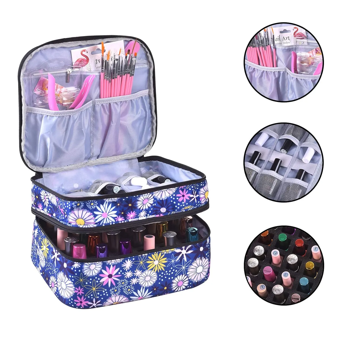 Nail Polish Organizer- Holds 30 Bottles Nail Supply Organizers and Storage Double-layer Nail Polish Carrying Case Nail varnish Organizer Nail Polish Storage Bag with Handle (Flower)