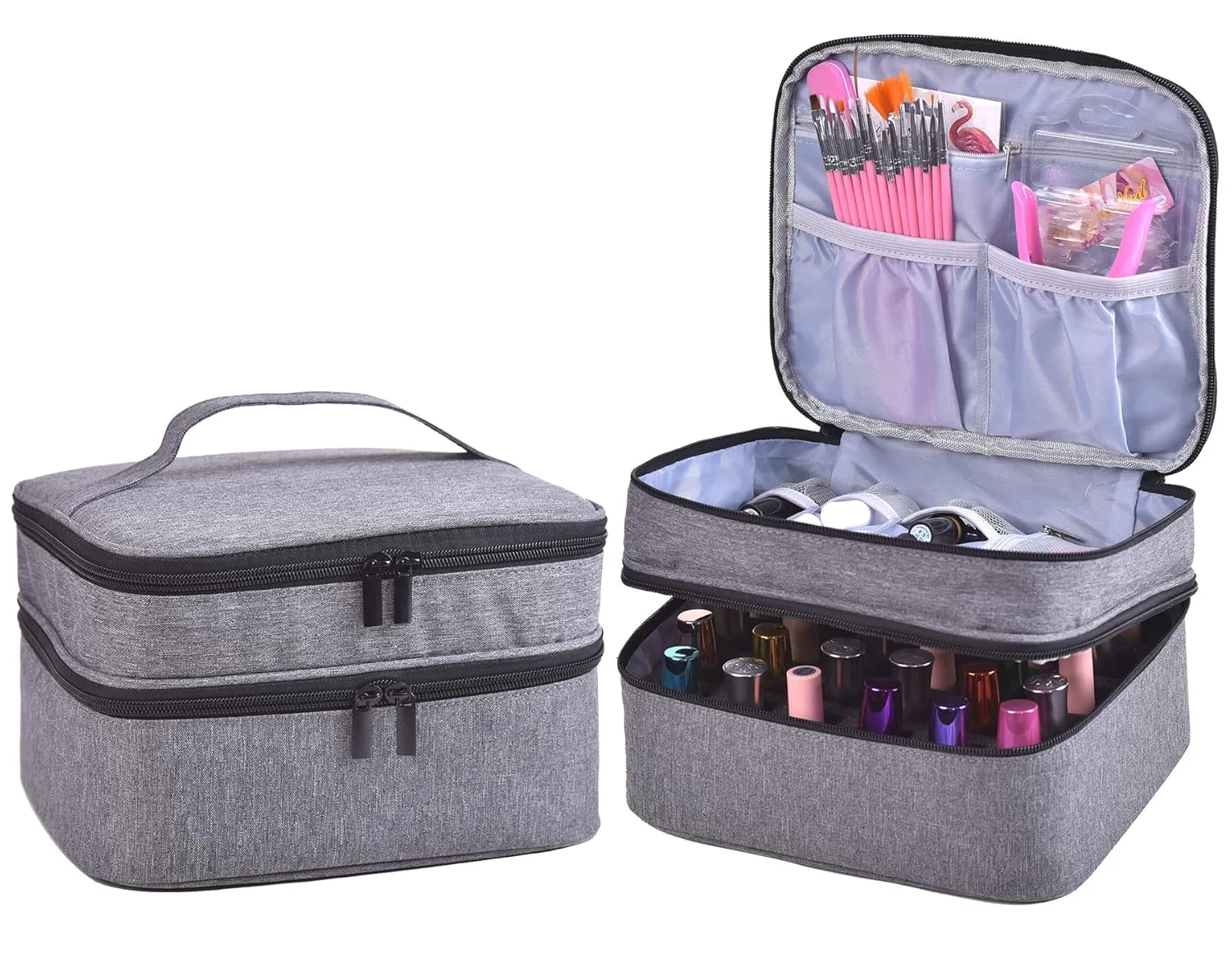 Nail Polish Organizer- Holds 30 Bottles Nail Supply Organizers and Storage Double-layer Nail Polish Carrying Case Nail varnish Organizer Nail Polish Storage Bag with Handle (Grey)