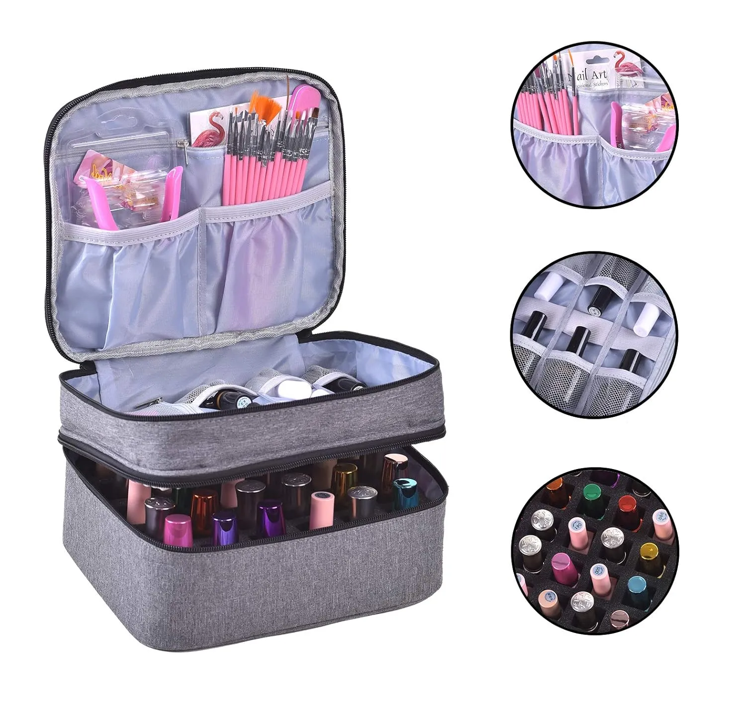 Nail Polish Organizer- Holds 30 Bottles Nail Supply Organizers and Storage Double-layer Nail Polish Carrying Case Nail varnish Organizer Nail Polish Storage Bag with Handle (Grey)