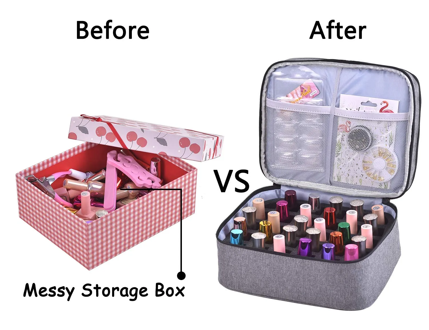 Nail Polish Organizer- Holds 30 Bottles Nail Supply Organizers and Storage Double-layer Nail Polish Carrying Case Nail varnish Organizer Nail Polish Storage Bag with Handle (Grey)