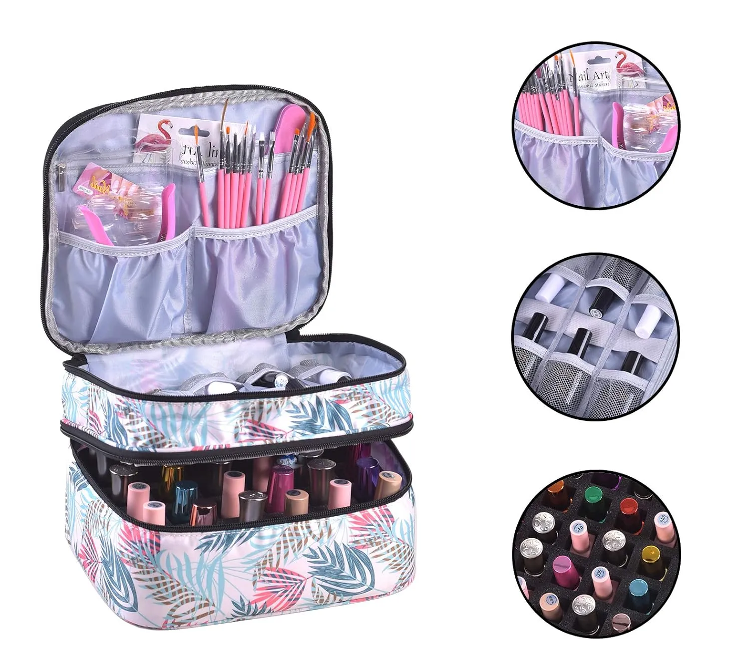 Nail Polish Organizer- Holds 30 Bottles Nail Supply Organizers and Storage Double-layer Nail Polish Carrying Case Nail varnish Organizer Nail Polish Storage Bag with Handle (Leaf)