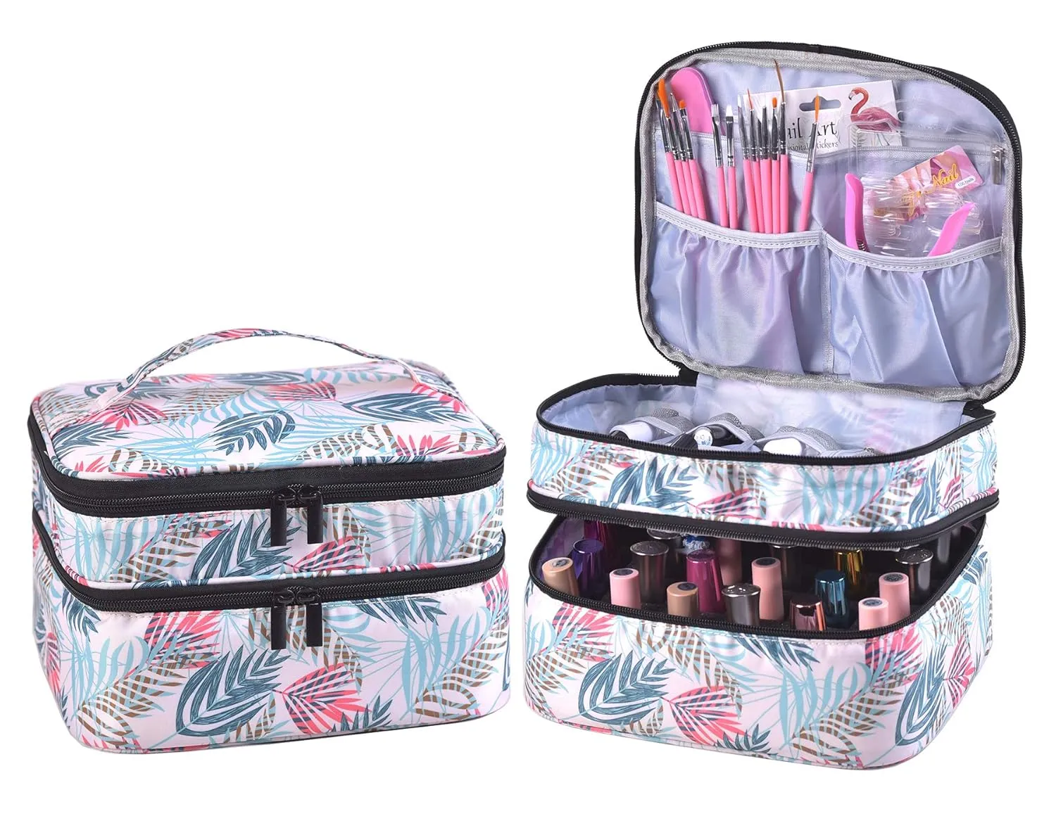 Nail Polish Organizer- Holds 30 Bottles Nail Supply Organizers and Storage Double-layer Nail Polish Carrying Case Nail varnish Organizer Nail Polish Storage Bag with Handle (Leaf)