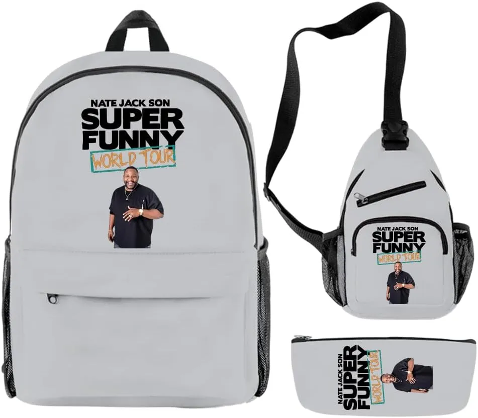 Nate Jackson World Tour Backpack 3 Pieces Sets Cosplay 3D Crossbody Bag Fashion Travel Bag (Gray)