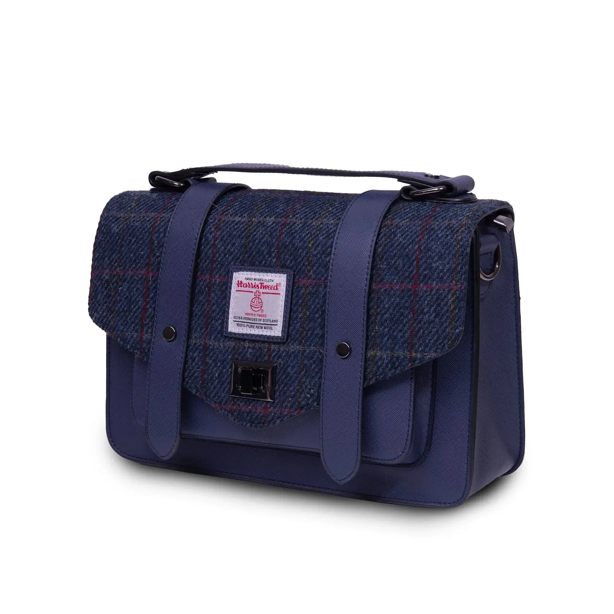 Navy Over-Check Satchels with Harris Tweed®