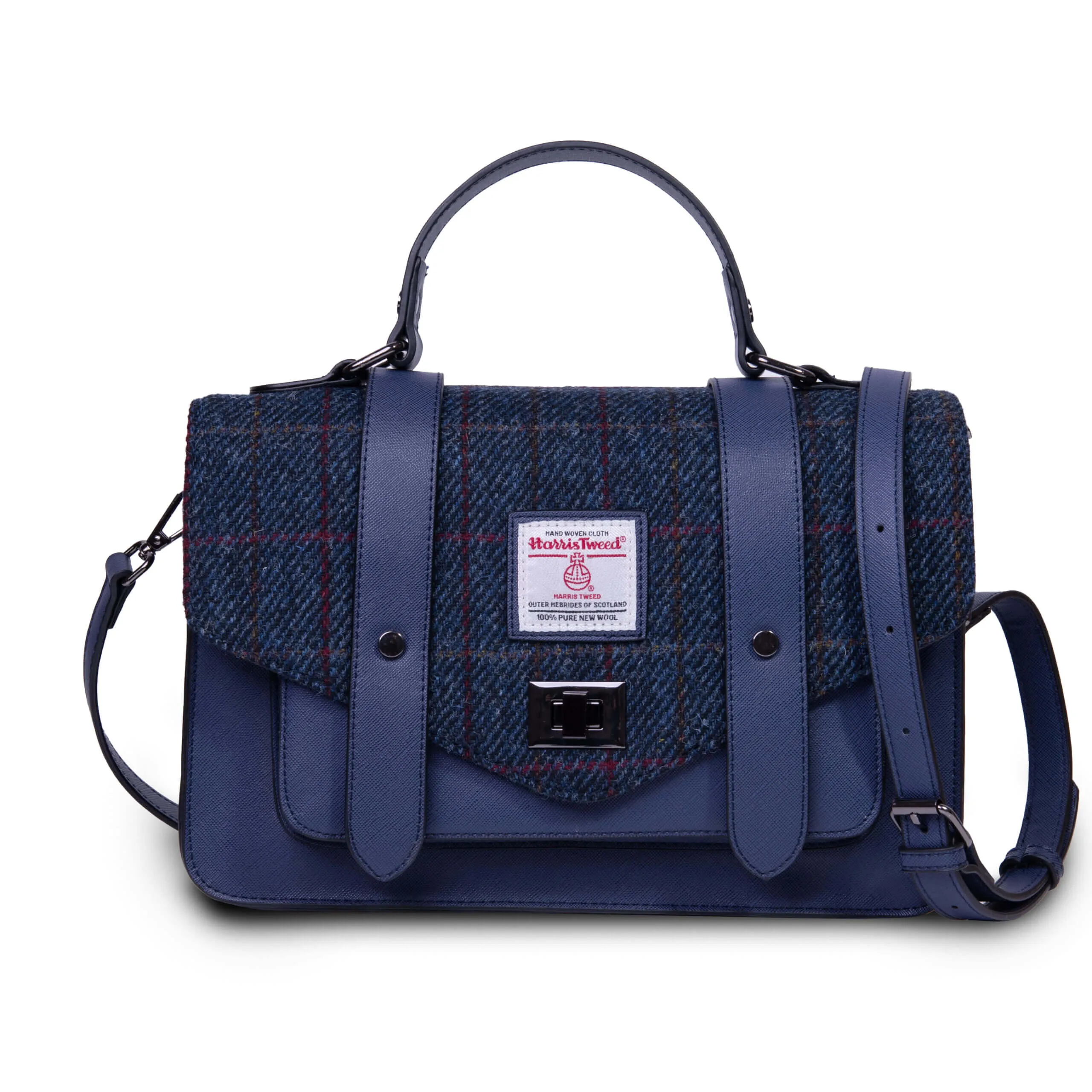 Navy Over-Check Satchels with Harris Tweed®