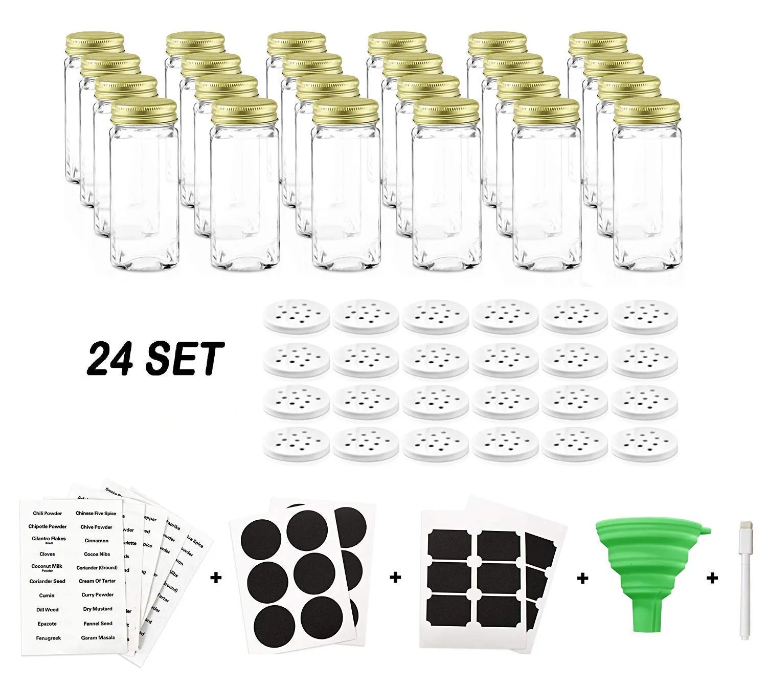 Nellam French Square Glass Spice Jars - Set of 24 with Shaker Lids and Chalkboard Sticker Labels, Small 4oz Bottles - Stackable Herbs and Spices Containers - Decorative Organizers in Gold