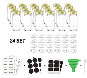 Nellam French Square Glass Spice Jars - Set of 24 with Shaker Lids and Chalkboard Sticker Labels, Small 4oz Bottles - Stackable Herbs and Spices Containers - Decorative Organizers in Gold