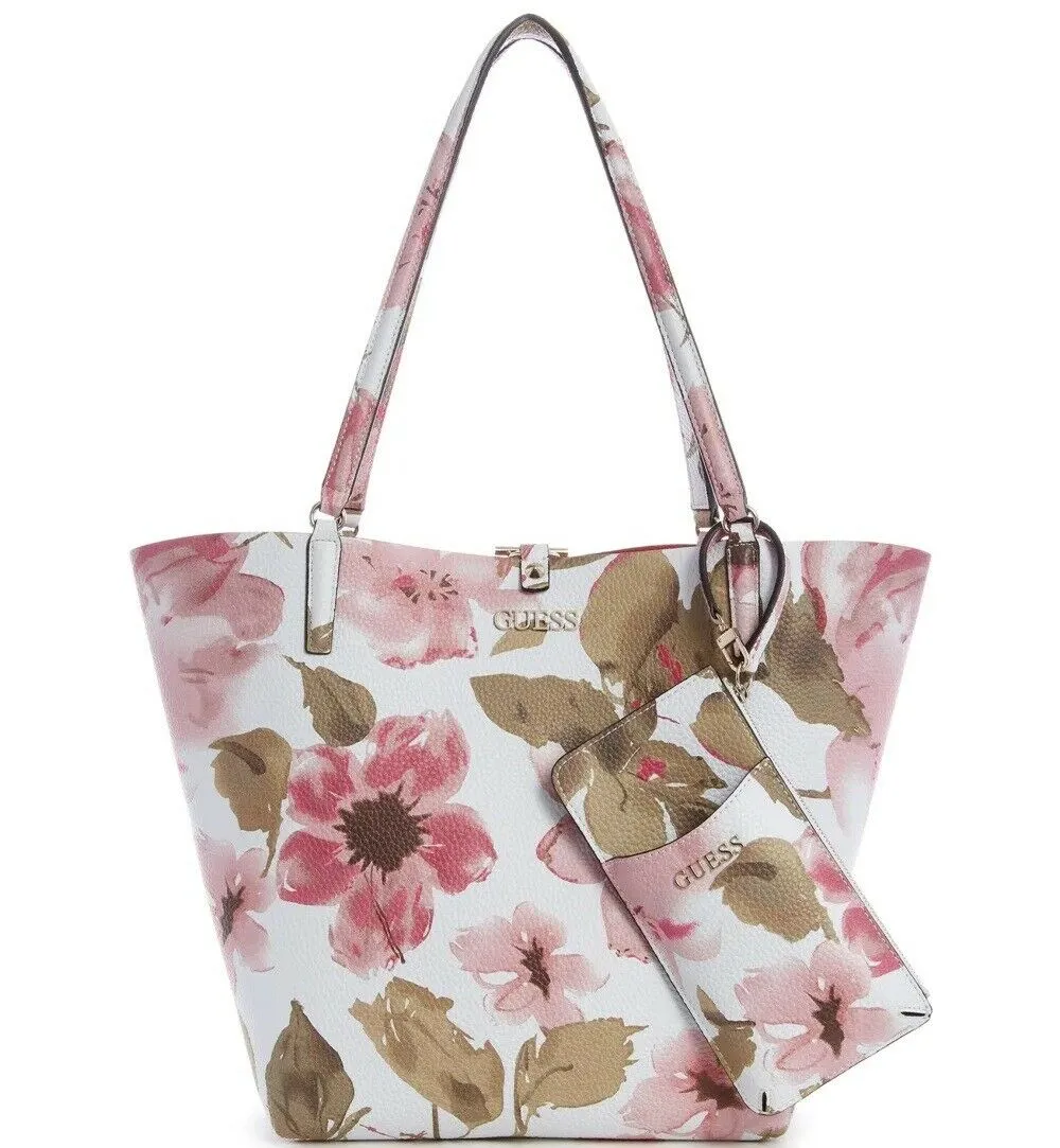NEW GUESS Women's Alby Toggle White Pink Floral Tote Handbag Purse   Phone Case